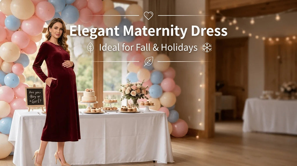 Maternity Autumn Winter Golden Velvet Pocket Long Sleeve Dress Formal Party Gala Long Dress Burgundy Maternity