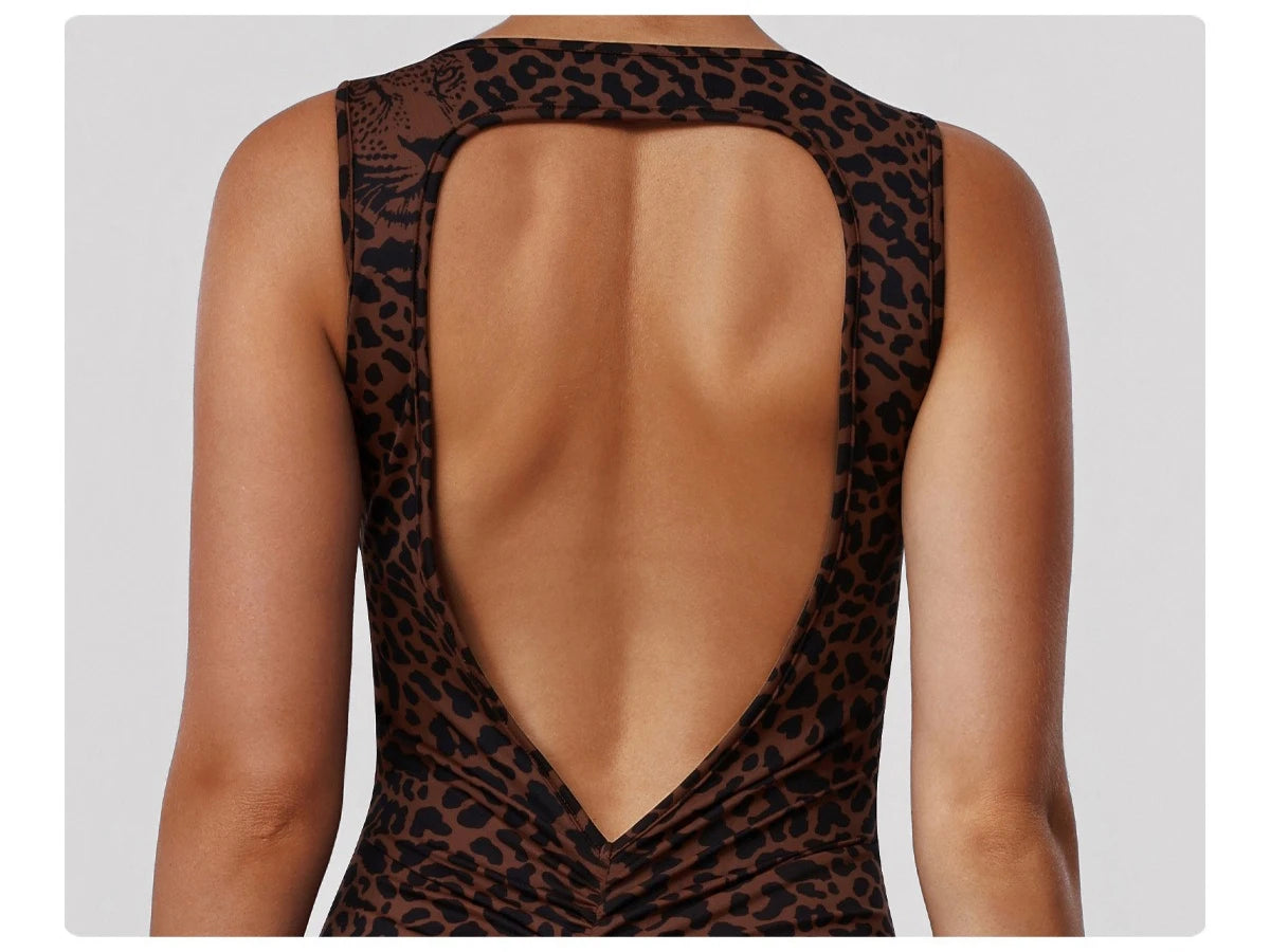 Greenora Leopard Print Yoga Jumpsuit Sleeveless Backless Flare Romper High Waist Slimming Athletic Bodysuit for Workout Fitness