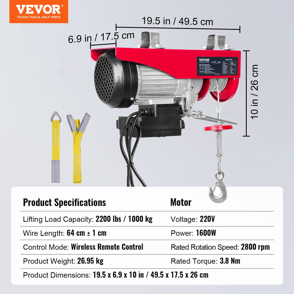 SucceBuy 1320-2200 lbs Wireless Electric Hoist with 40ft Single Cable Lifting Height Steel Wire Winch for Garage Warehouse