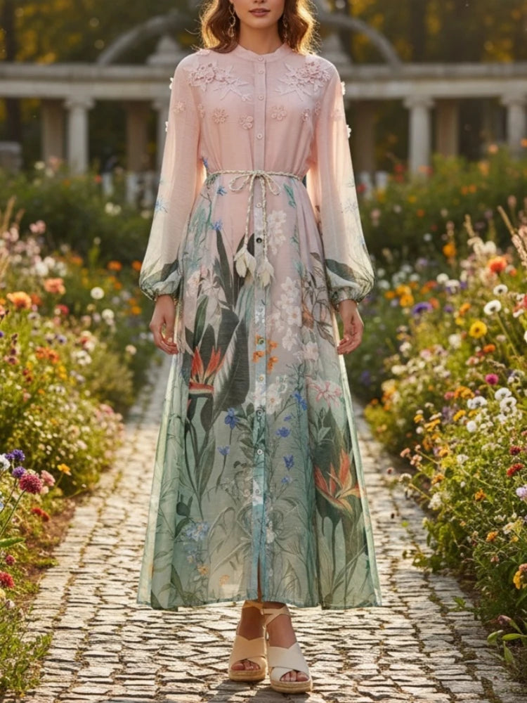Elegant Maxi Dress for Women V Neck Lantern Sleeve High Waist Spliced Lace Up Colorblock Printed Single-breasted Dresses Female