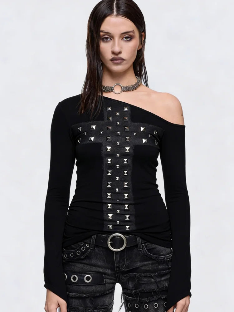 2026 New Women's Black White Gothic Off Shoulder Top Cross Detail Long Sleeve Punk Fashion T Shirt Streetwear