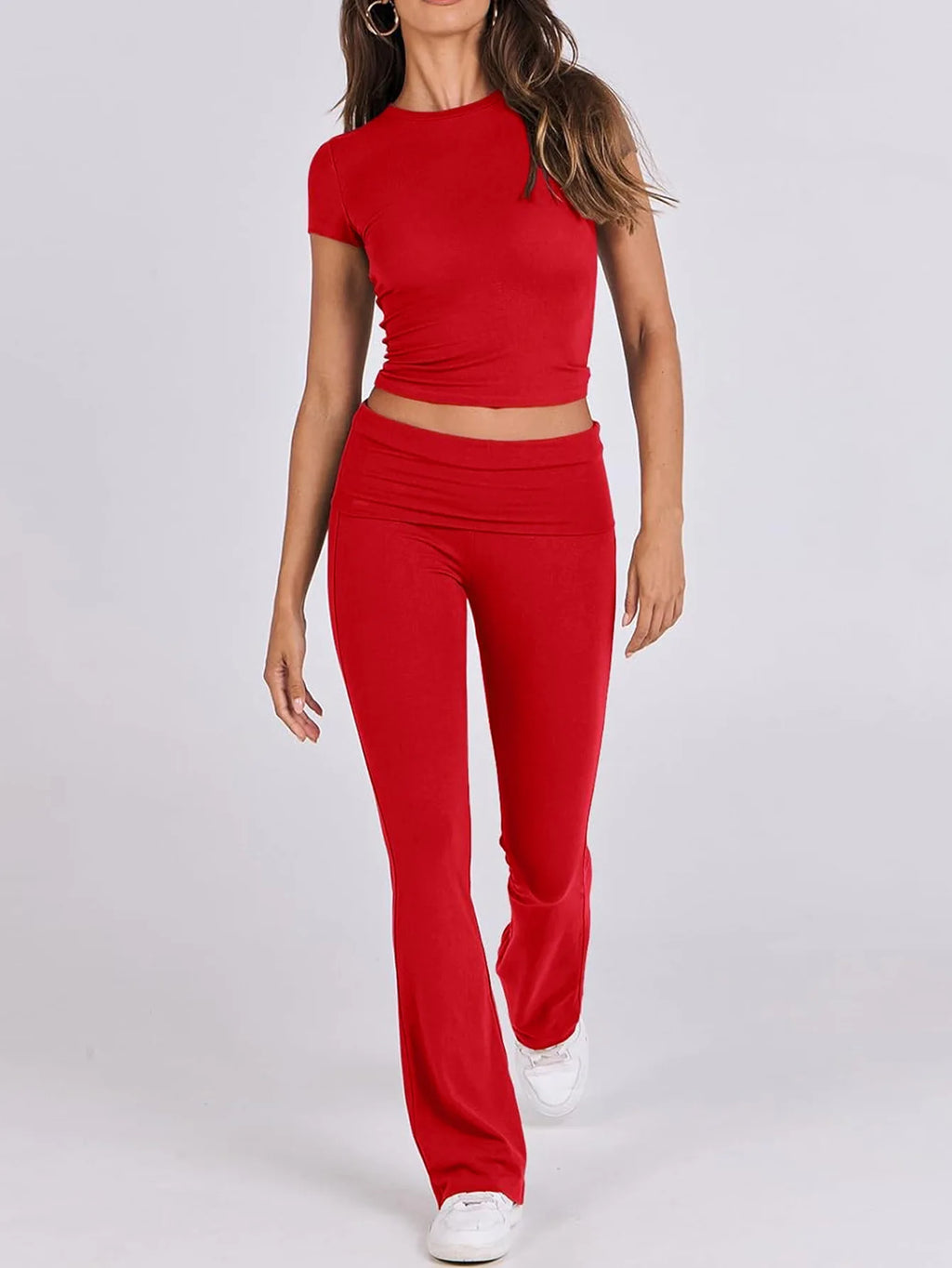 Women's Sexy Tops Suits 2026 Summer Latest Casual Solid Color Yoga Suit Slim Fit Sports Short Sleeved Pants Two-Piece Set Outfit