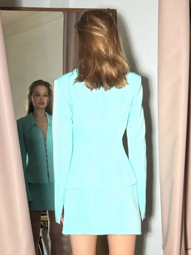 Solid Lapel Shirts 2 Piece Sets Women Chic Lapel Hollow Out Blazer Wrap Hip Slim Fit Mini Skirts Suits 2026 Lady Daily Wear New