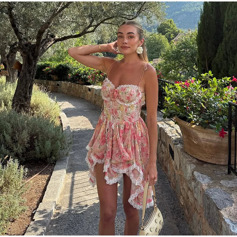 Sexy Print Spaghetti Strap Dresses Women's Sweet Sleeveless Backless Lace-up Puffy Mini Dress 2026 Summer Waist-cinching Gowns