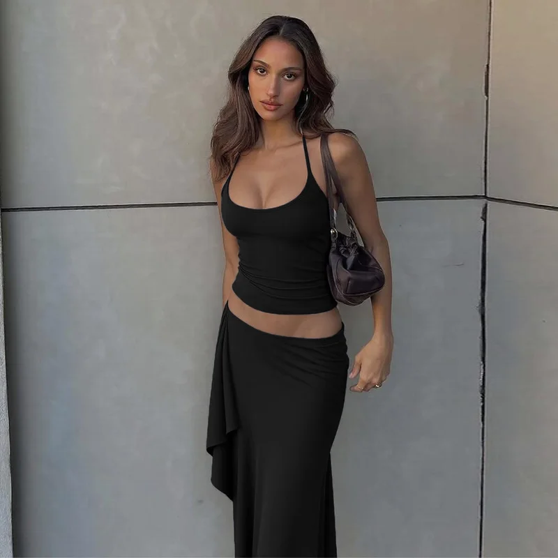 Hugcitar Fashion 2 Pcs Sets Halter Solid Backless Lace Up Sexy Crop Tank Top Ruched Maxi Skirt Women Outfit Beach Vacation Sport