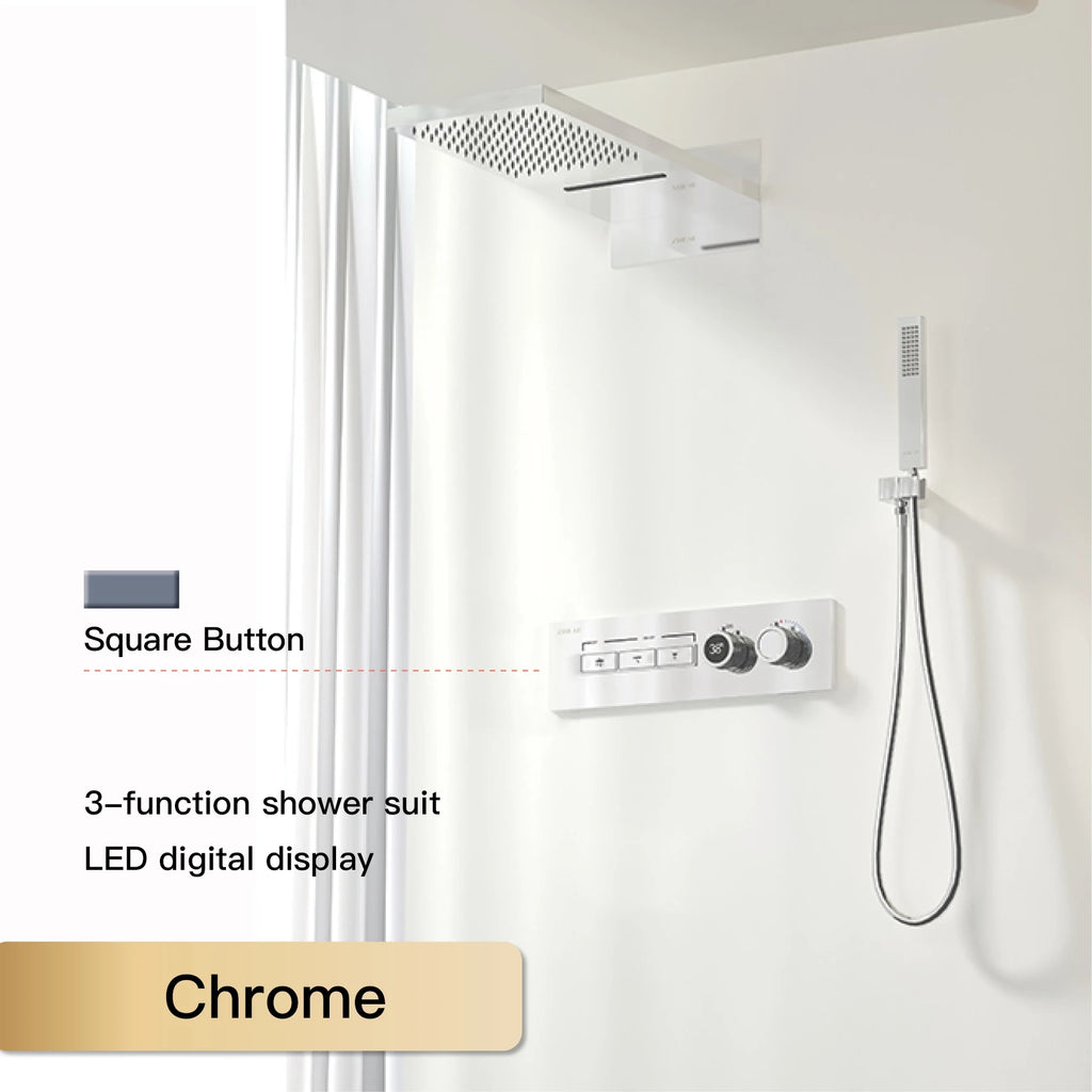 Luxury Black Brass Shower System, Wall Mounted Led Digital Display, Cold Hot Dual Control, Four Function Ceiling Shower Tap