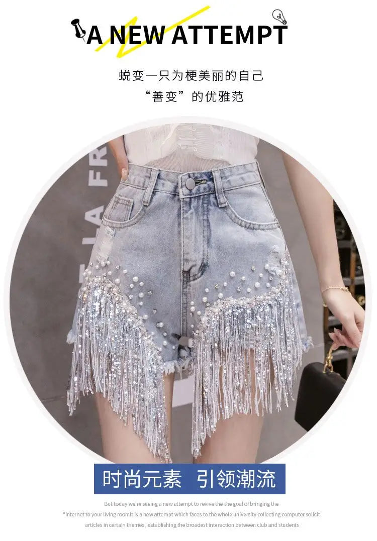 2026 Summer New Personalized Denim Shorts Women's High Waist Diamond Inlaid Heavy Industry sequins Tassel Denim Hot Pants Trendy