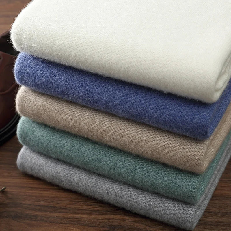 Autumn/Winter Men's 100% Cashmere Pullover Business Casual Solid Knitted Sweater Loose Half High Neck Tops Thick Warm Jumper