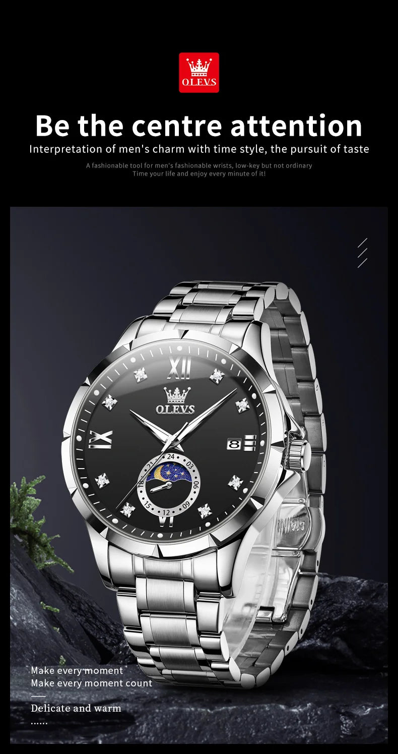 OLEVS 2956 Mens Watch Business Original Quartz Watch Large Dial Waterproof Luminous Automatic Date Moon Phase Watches For Man
