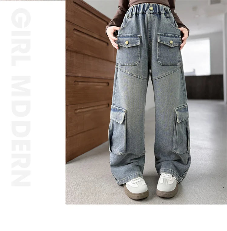 Elegant Fashion Kids Children Cargo Jeans Pants with Multi Pocket for Teenage Girls Loose Straight Casual Denim Trousers 5-14 Y