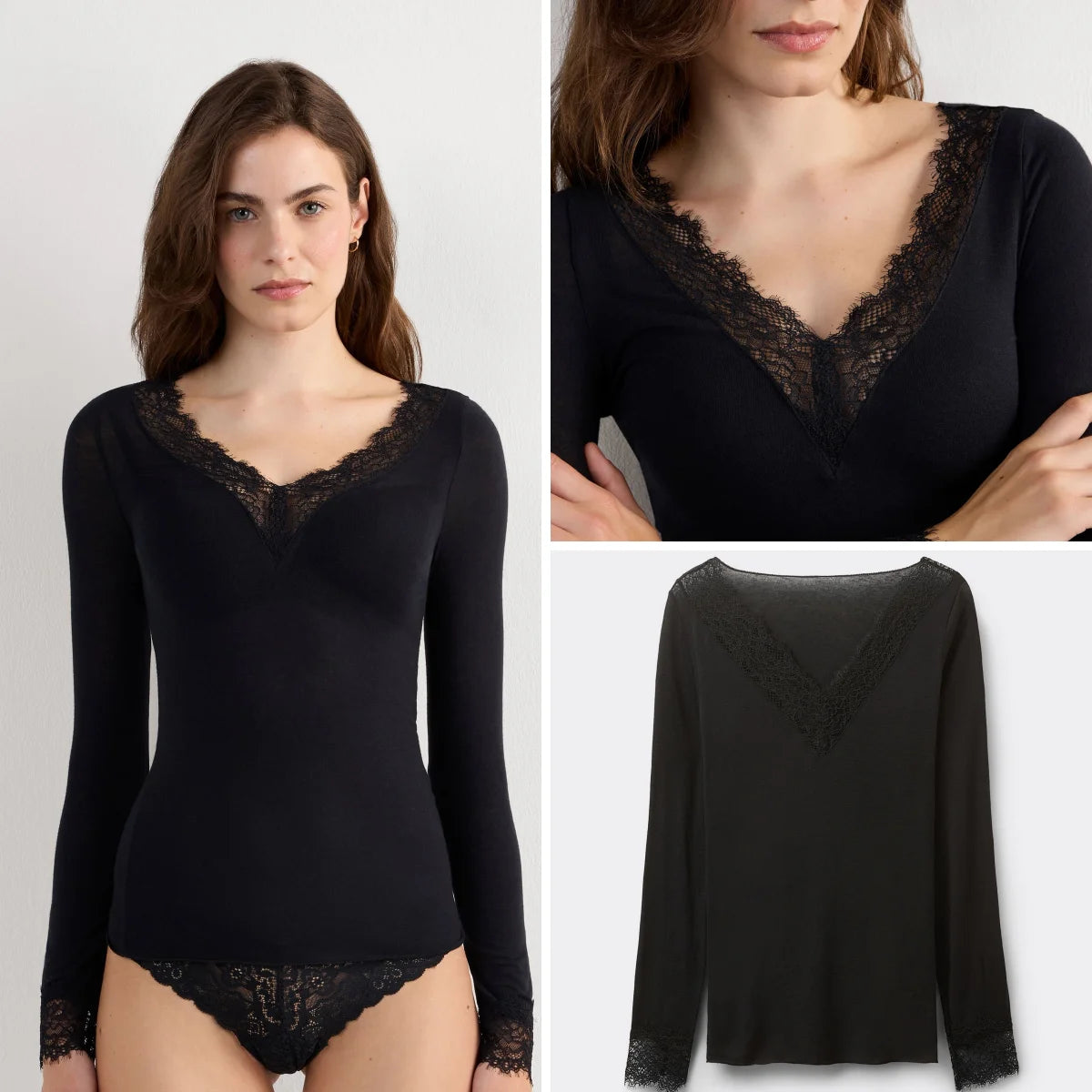 Absobe Long Sleeve Lace Trim T-shirt Women Sexy Low Cut V-Neck Patchwork Versatile Slim Female Top Solid Color Casual Streetwear