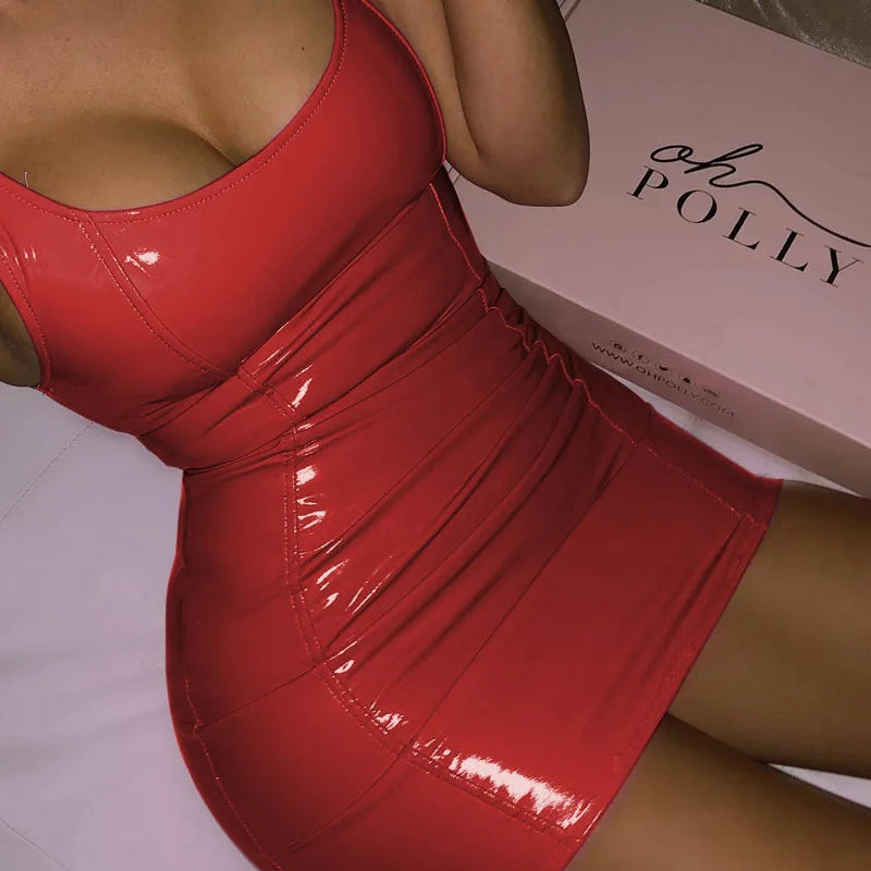 Women Sexy PU Leather Party Night Club Elegant Slip Bodycon Sleeveless Bodycon Mini Dress Ladies Summer Short Dresses