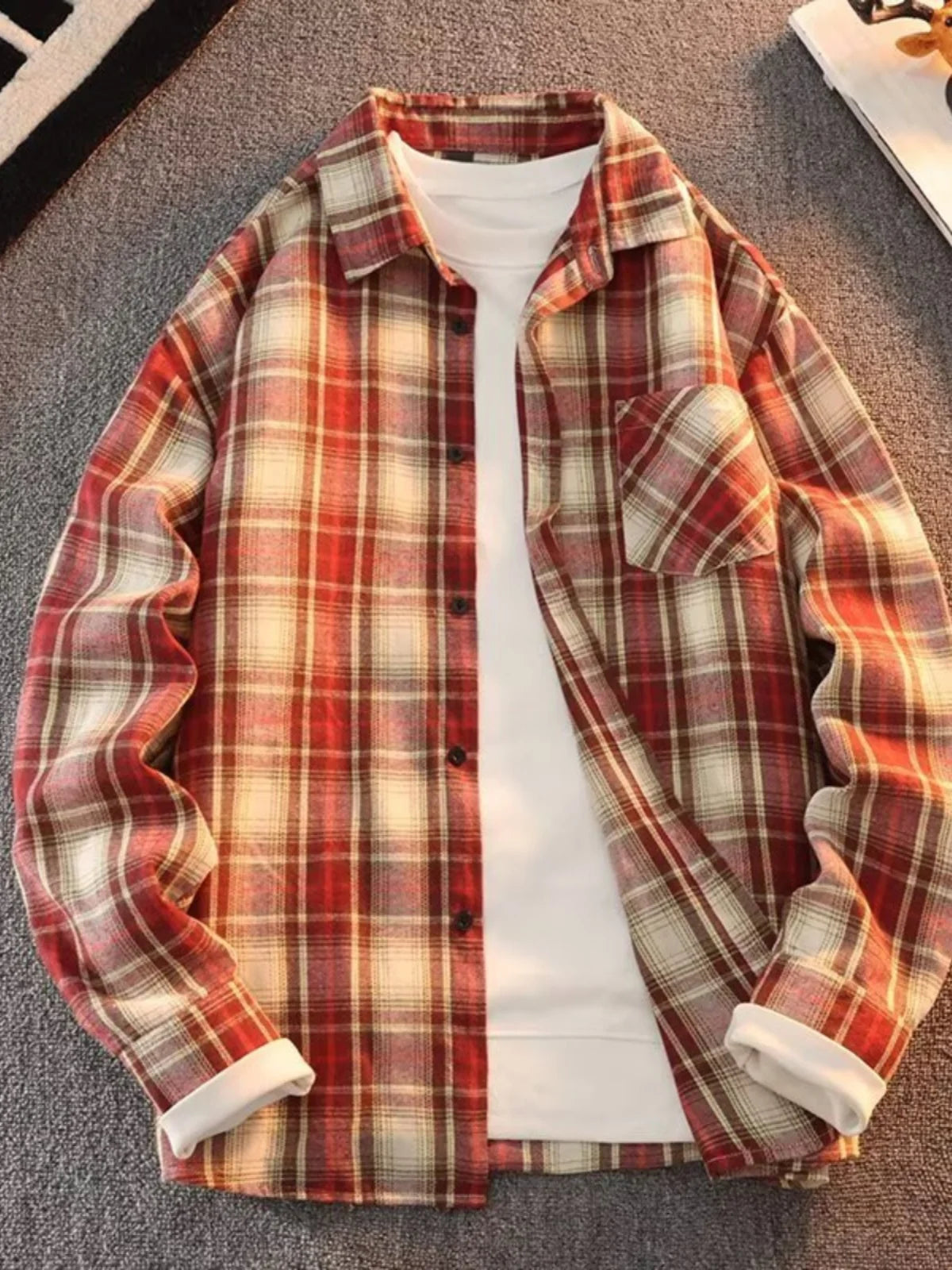 Retro Japanese Plaid Long Sve irt Men's Casual Loose Fit Spring Autumn Wear for Students And Couples Youth Faion