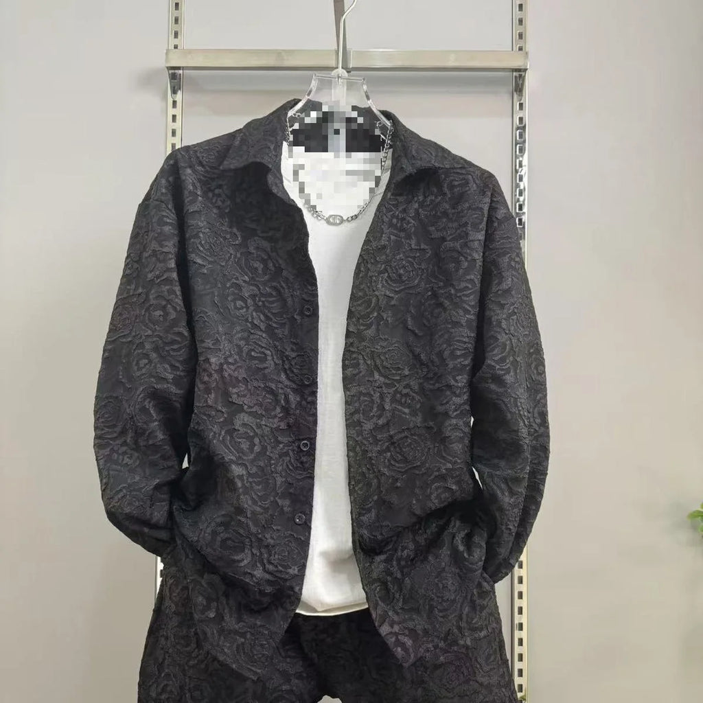 Men's casual collar jacquard shirt and pants two-piece set, spring and autumn new fashion and handsome set, complete set