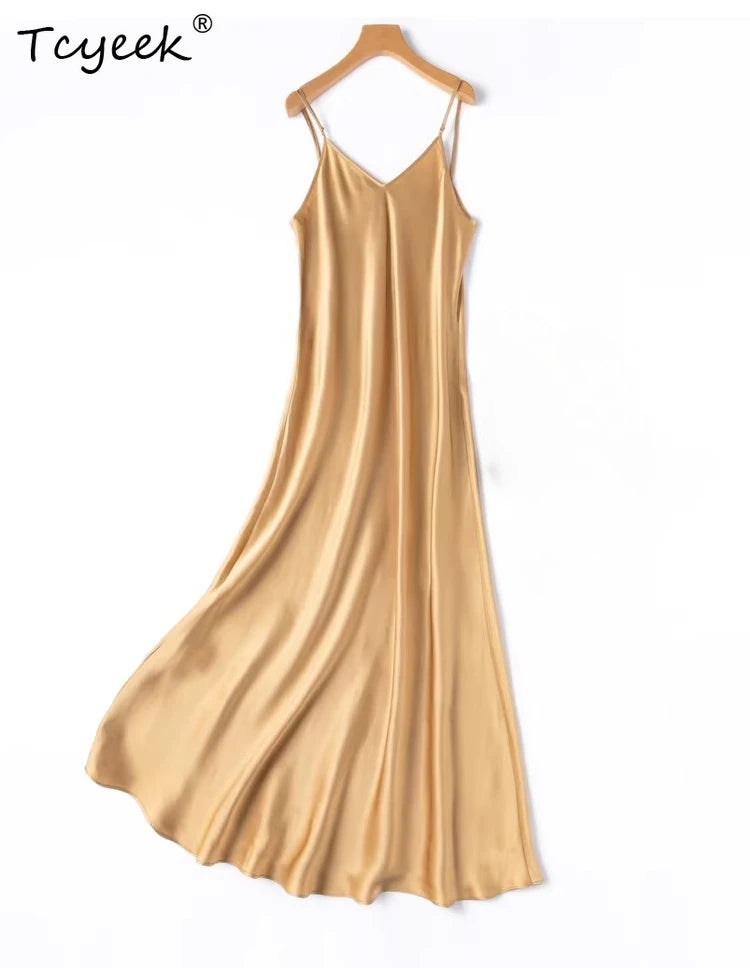 Tcyeek Woman Long Dress, 100%Real Silk, V Neck, Solid Spaghetti Strap Dresses, 2025 Elegant Chic Clothes