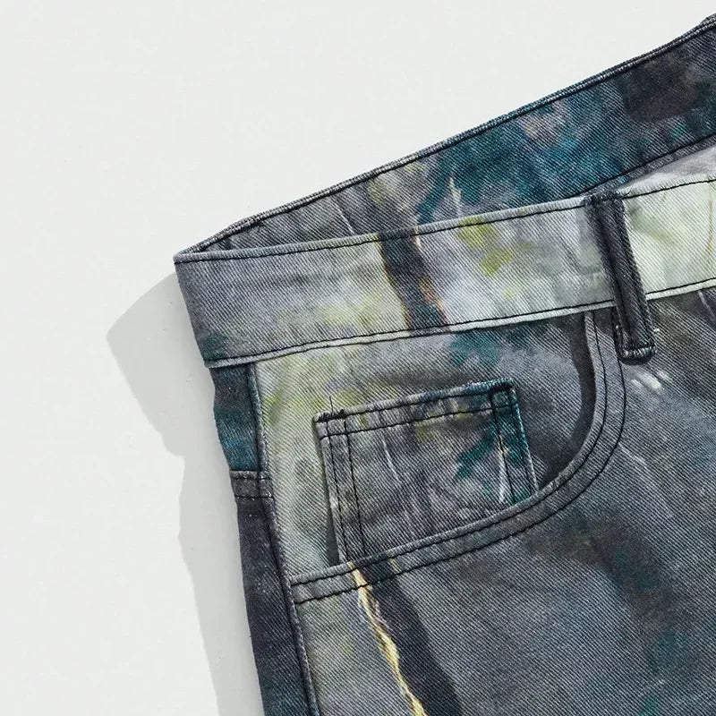 European and American Street Men's Fashionable 3D Digital Pattern Printed, Ink-splashed and Tie-dyed Straight-leg Jeans.