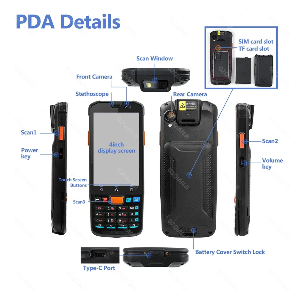 4G Android 11/14 PDA Handheld Terminal Data Collector with 1D Barcode 2D QR Scanner NFC WiFi Bluetooth 3G+32G/4G+64G RAM+ROM