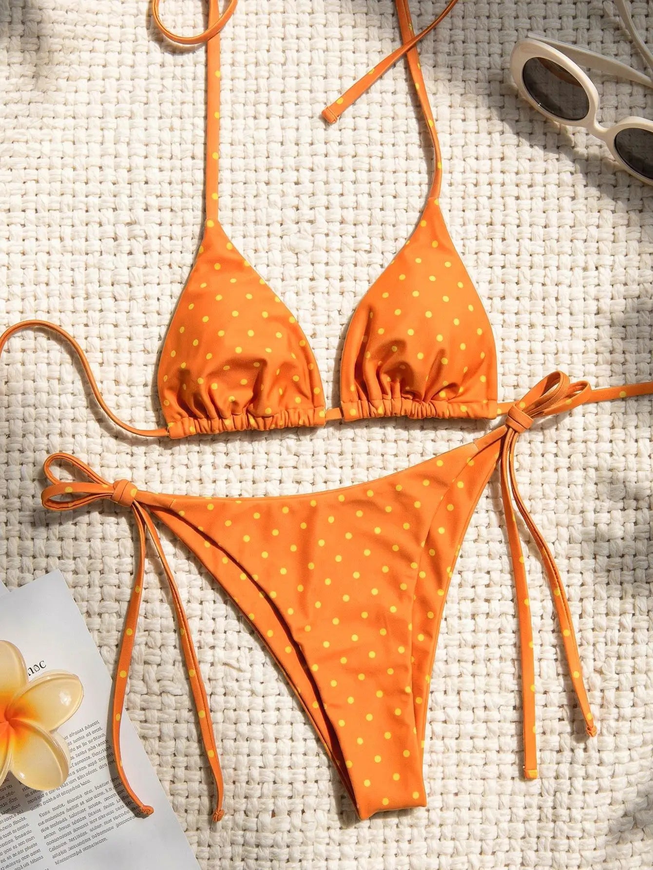 2026 Retro Polka Dot Tie Side Bikini Set for Women, Sexy Push Up Halter Neck Swimwear, High Waist Beach Bathing Suit, Summer