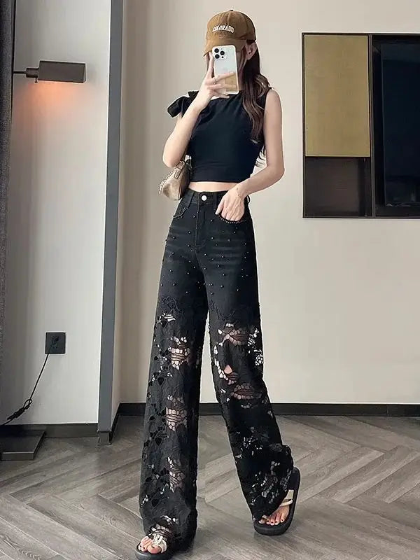 2025 Women's Denim Baggy Jeans flared Black Pants Diamonds Patchwork Lace Hollow Out Embroidery Straight  New Summer Fashion