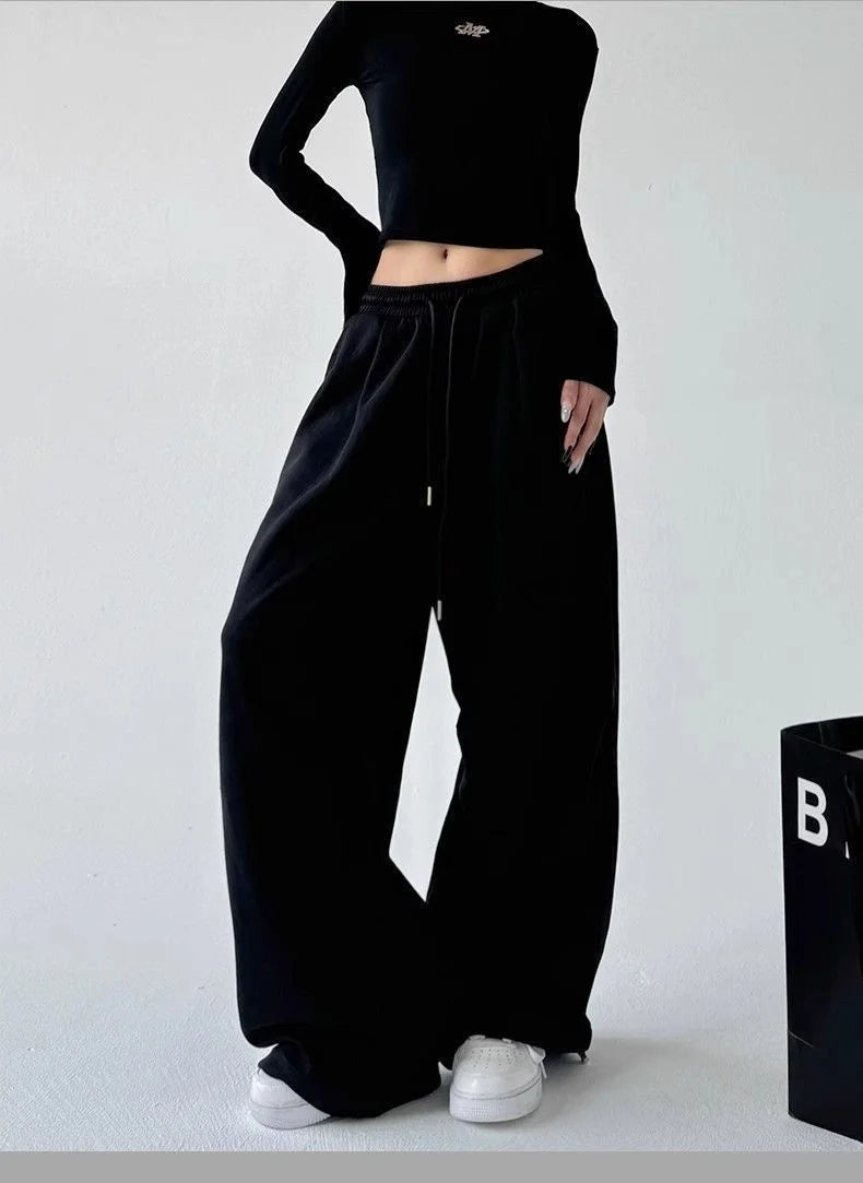 Women's Drawstring Wide Leg Sweatpants Elastic Loose Straight Leg Casual Jogger Trousers with Pockets for Daily Streetwear Pants