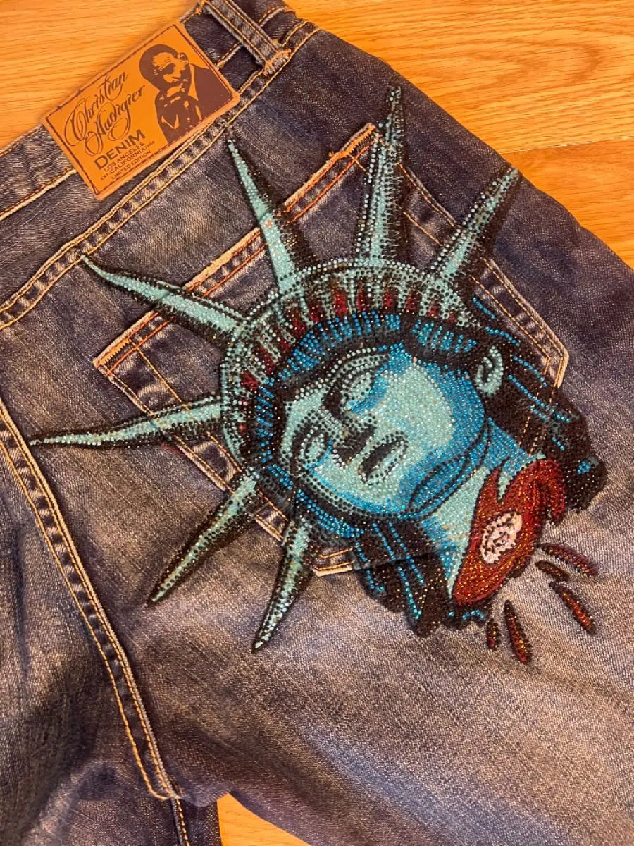 2000s Statue of Liberty Diamonds Denim Pants Women Casual High Waist Straight Wide Leg Jeans Harajuku Vintage Y2k Women Clothing