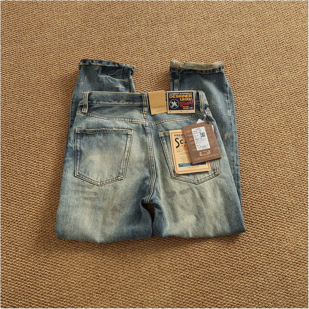 2025 Autumn New American Retro Heavyweight Ripped Denim Men's Fashion 100% Cotton Washed Old Straight Tapered Casual Jeans