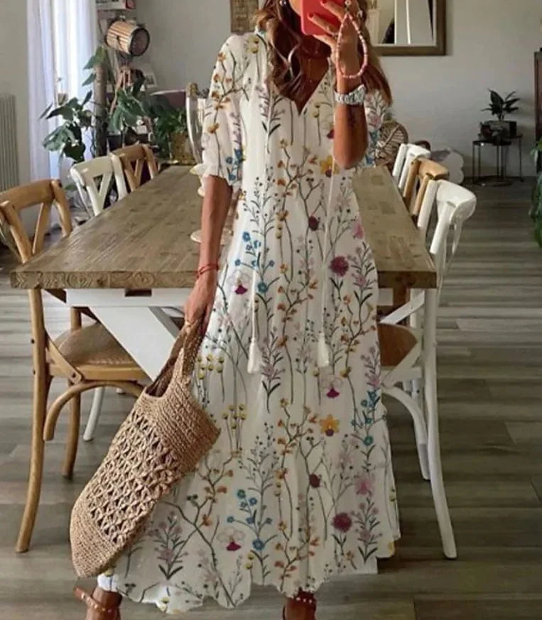 FALL Summer New 2026 Women's Casual Sweet Loose Sexy V-neck Drawstring Fashionable Printed Long Sleeved Boho Bohemian Dresses