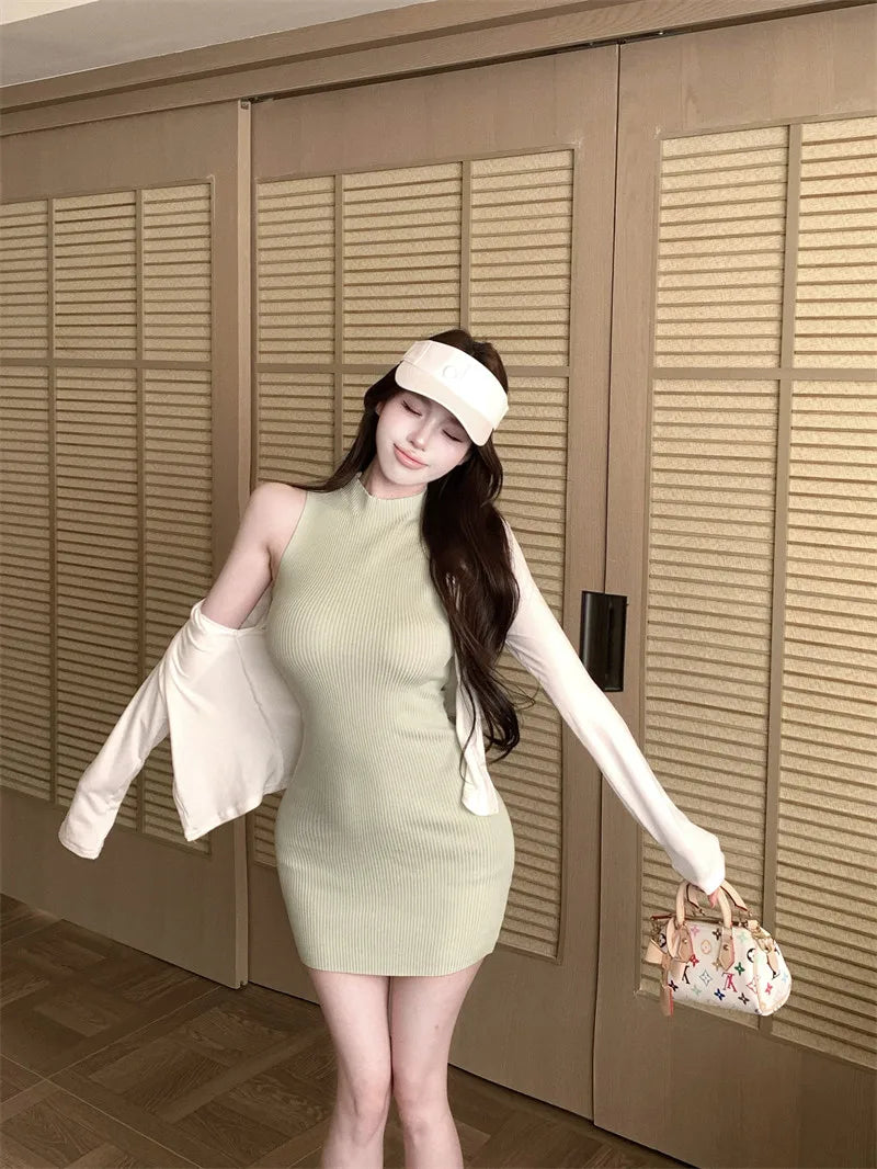 Mint Green Half High Collar Sleeveless Knitted Dress Women's Slim Fit Summer Waist Cinching Short Skirt Trendy Commute Style