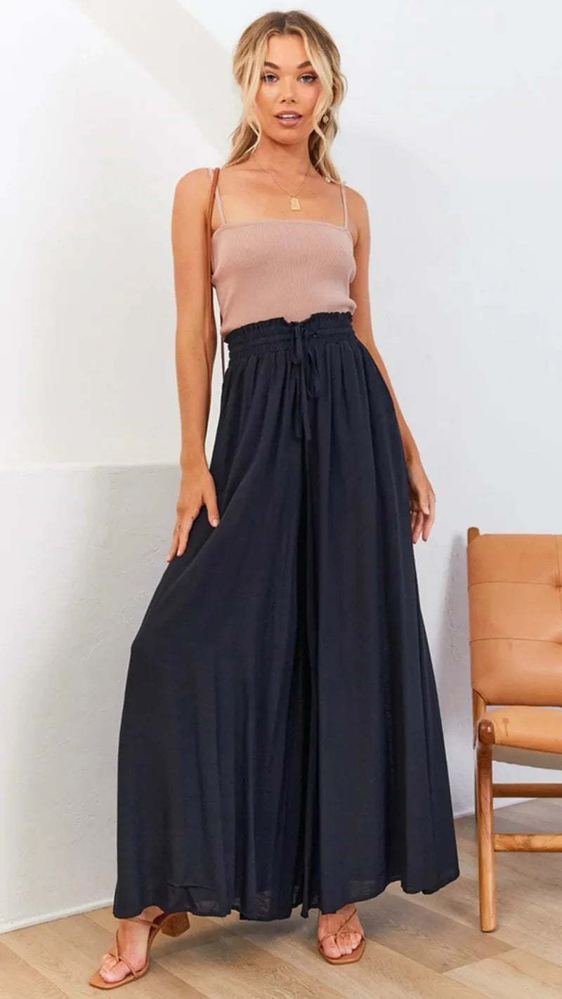 Women's Elastic Long Palazzo Pants Casual Urban Style Tie Detail Polyester Blend Woman Clothes Female Clothing Women's And