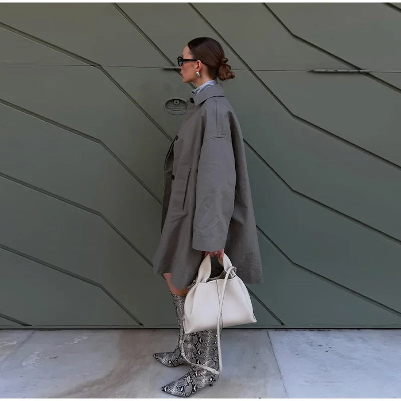 Street Women's Solid Grayish Green Trench Coat Lapel Single Breasted Full Sleeve Pocket Jackets 2026 Autumn Lady Loose Outwear