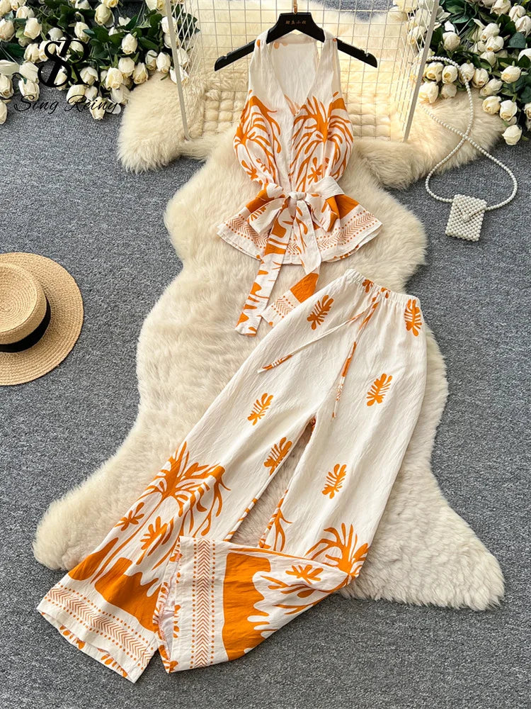 SINGREINY Boho Print Vacation Suits Summer 2026 Sleeveless Lace Up Tank Top+Loose Wide Leg Pant Chic Lazy Casual Women 2pcs Sets