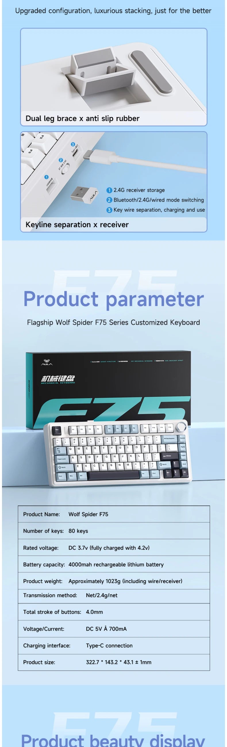 AULA F75 75% Wireless Mechanical Keyboard Hot Swappable Creamy Keyboard Pre-lubed Reaper Switches RGB Backlit Gaming Keyboards
