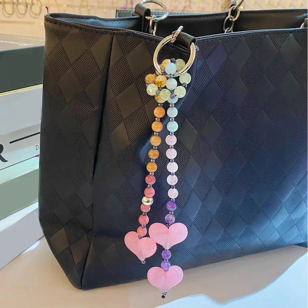 Y2k Love Bead Hanging Chain Bag Charm Women Accesories Red Love Heart Bags Charms Colorful Beads Chain Fashion Lady Jewelry