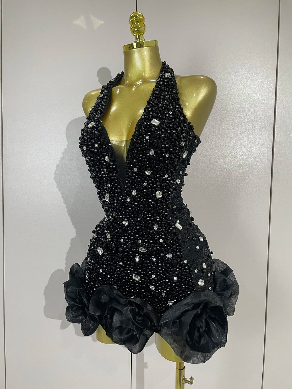 High Quality Luxury Shiny Diamonds Pearl Flowers Deep V Halter Short Dress Women Celebrate Eveing Celebrity Birthday Party Dress