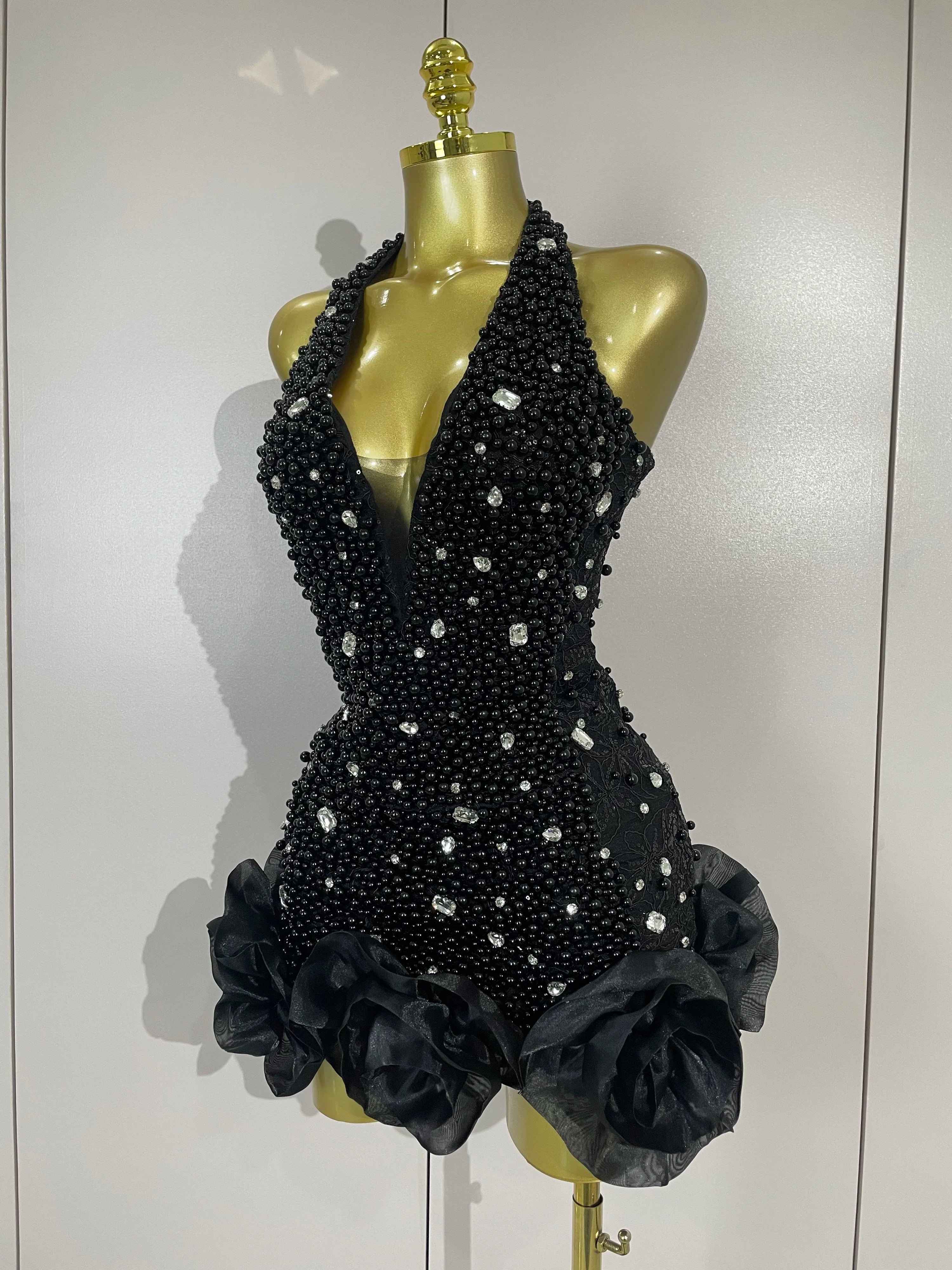 High Quality Luxury Shiny Diamonds Pearl Flowers Deep V Halter Short Dress Women Celebrate Eveing Celebrity Birthday Party Dress