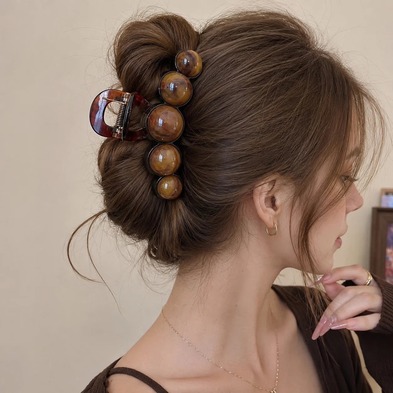 Vintage Beaded Hair Claw Clip Bubble Ball Gradient for Women Elegant Brown 11CM Large Acrylic Hair Claws French Hair Accessories
