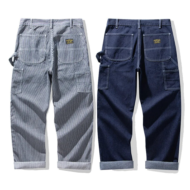 3903 Good Quality Striped Jeans For Man Multi Pockets Cargo Style Straight Casual Loose Trendy Streetwear Boyfriend Denim Pants