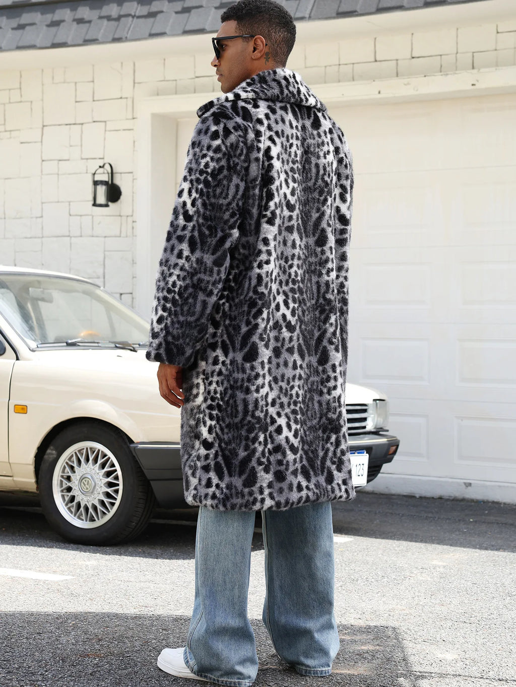 Men Faux Fur Coats Leopard Jackets Color Blocked Turn Down Collar Long Sleeve Single Breasted Straight Casual 2025 Autumn Winter