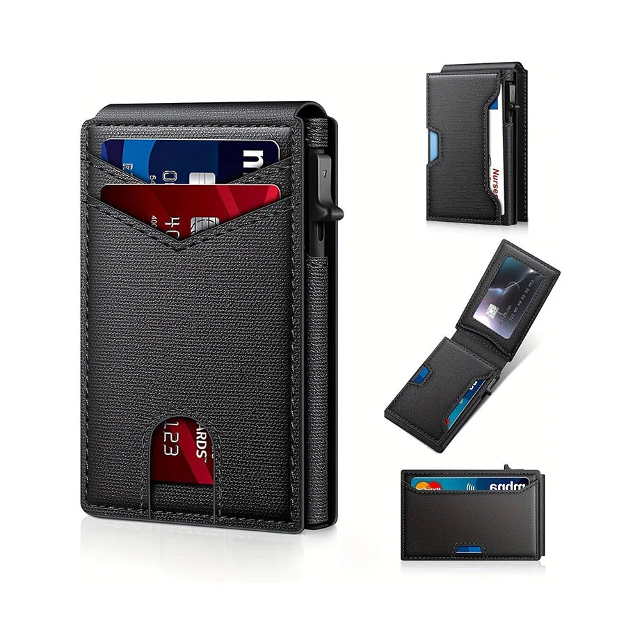Men Carbon Fiber RFID Pop‑Up Credit Card Holder Magnetic Closure Slim Wallet With ID Window External Card Pocket
