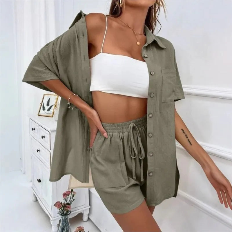 Solid Color Casual Fashion Loose Short Pants Sets For Women Elegant Summer Women's Long Sleeve Single breasted Two Pieces