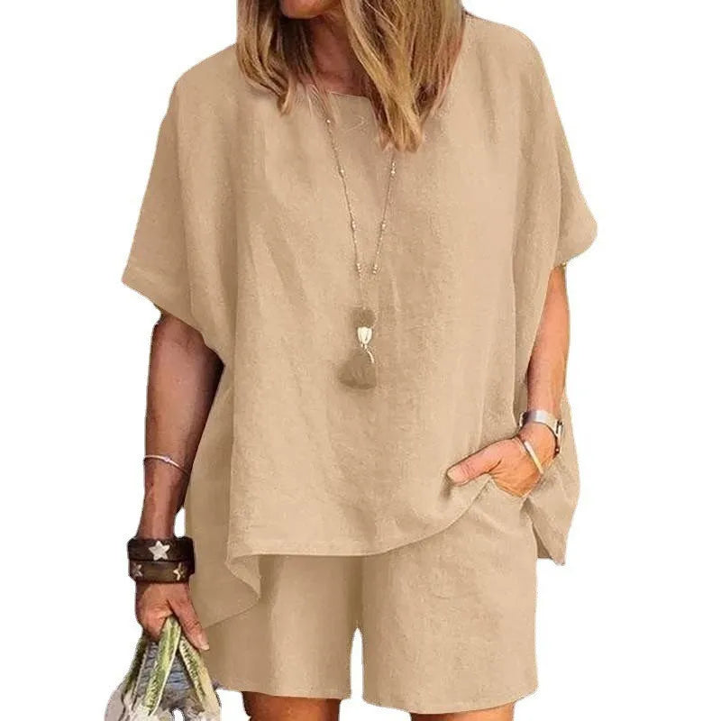 Ladies Shorts Suit Fashionable Summer Women's Elegant Solid Color Pullover Loose Cotton Linen Short Sleeved Shorts Two-piece Set
