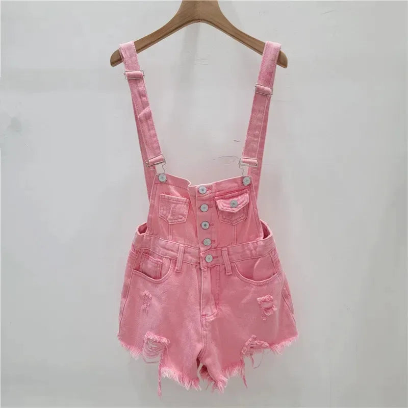 Denim Jumpsuits Short Overalls for Women Fashion Rompers Bodysuit Large Cotton Playsuits Roupas Female 2023 Pink Short Romper