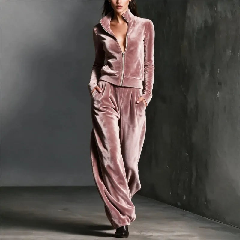 Autumn Winter Warm Gold Velvet Two Piece Set Women's Fashion Solid Stand Zipper Cardigan+Pants Sports Suit Ladies Casual Outfit