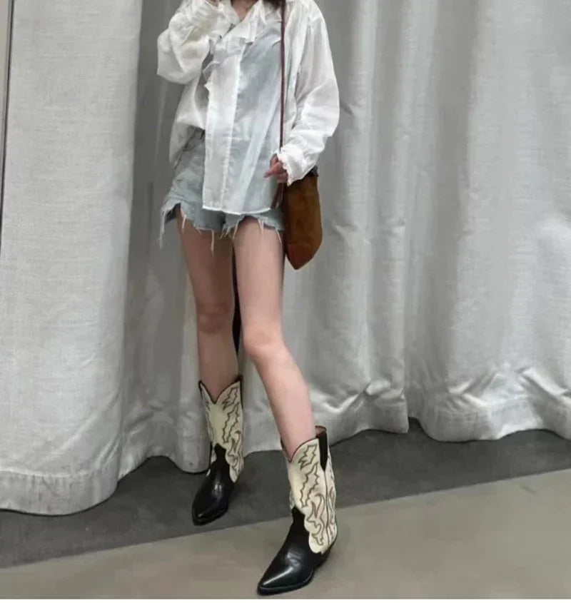 Embroidery Women Western Cowboy Boots Fashion Slip On Thick Heel Knight Long Booties Retro Style Autumn Winter Female Shoes