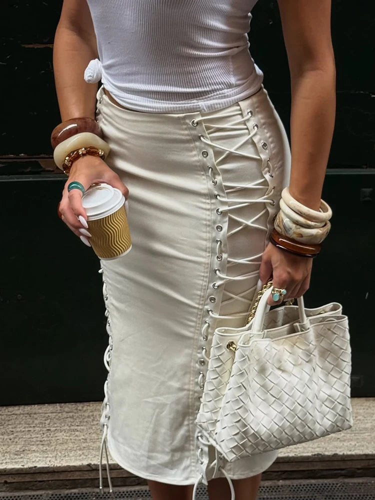 Women Double Side Lace Up Midi Skirt Metal Eyelet Crisscross Tie Bodycon Pencil Skirt Slim High Waist Streetwear Mid Calf Skirt