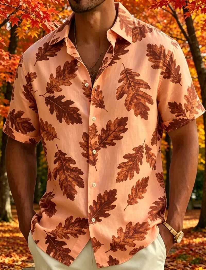 Men's Leaf Print Tropical Short Sleeved shirt, Suitable For Summer wear, Casual activities, And Versatile Natural Style