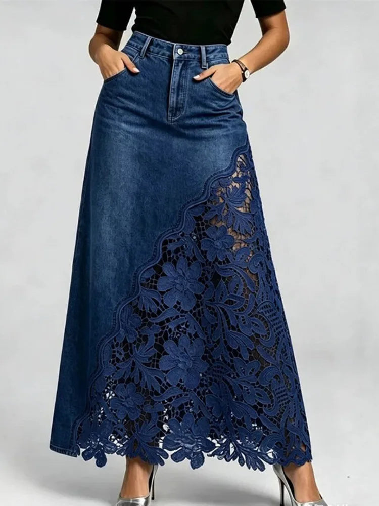SHENGPALAE Women Denim Maxi Skirt High Waist Washed Lace Splicing Casual Streetwear Floral Hollow Pocket Summer 2026 New