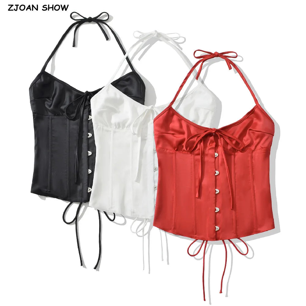 Summer Red Satin Ruched Bra Hook Buttons Sexy Corset Women Cross Lacing Up Bandage Back Tank Tops Bodycon Strapless Crop Top