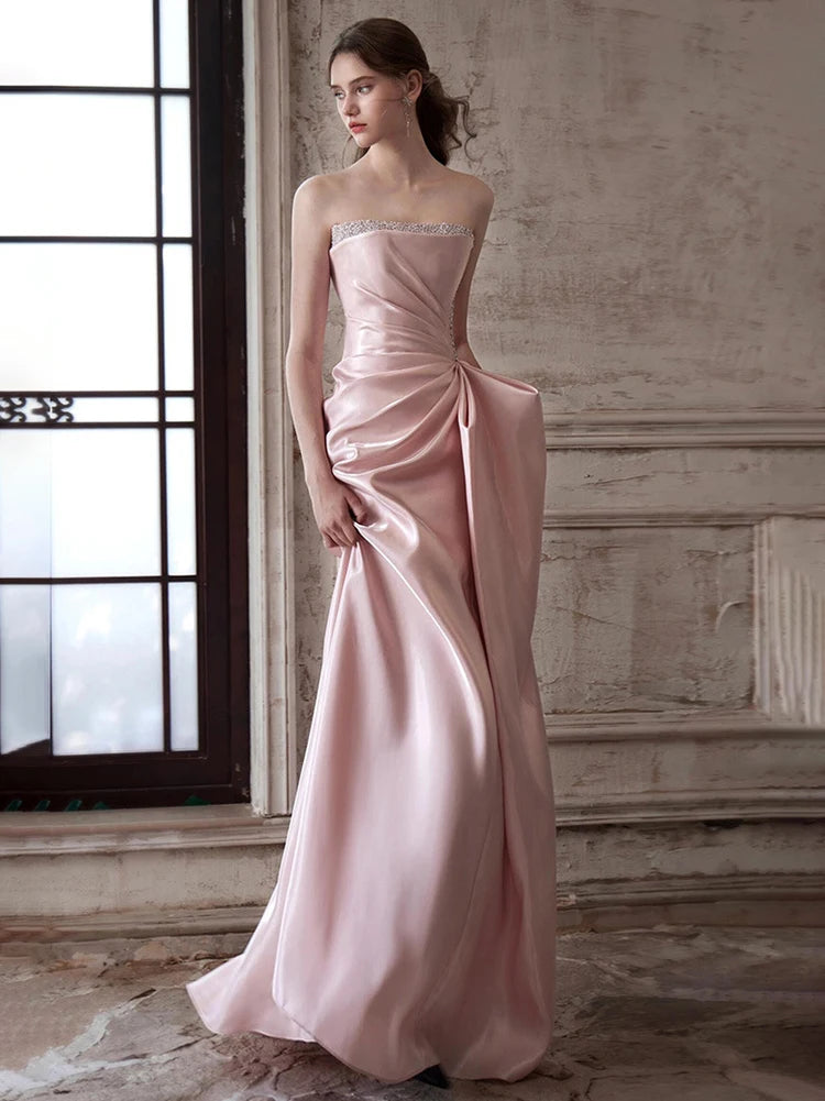 DEAT Fashion Pink Patchwork Sequined Strapless Dress Women's Slim Fit Waist Contraction Flods Floor-length Dresses New  7A2987