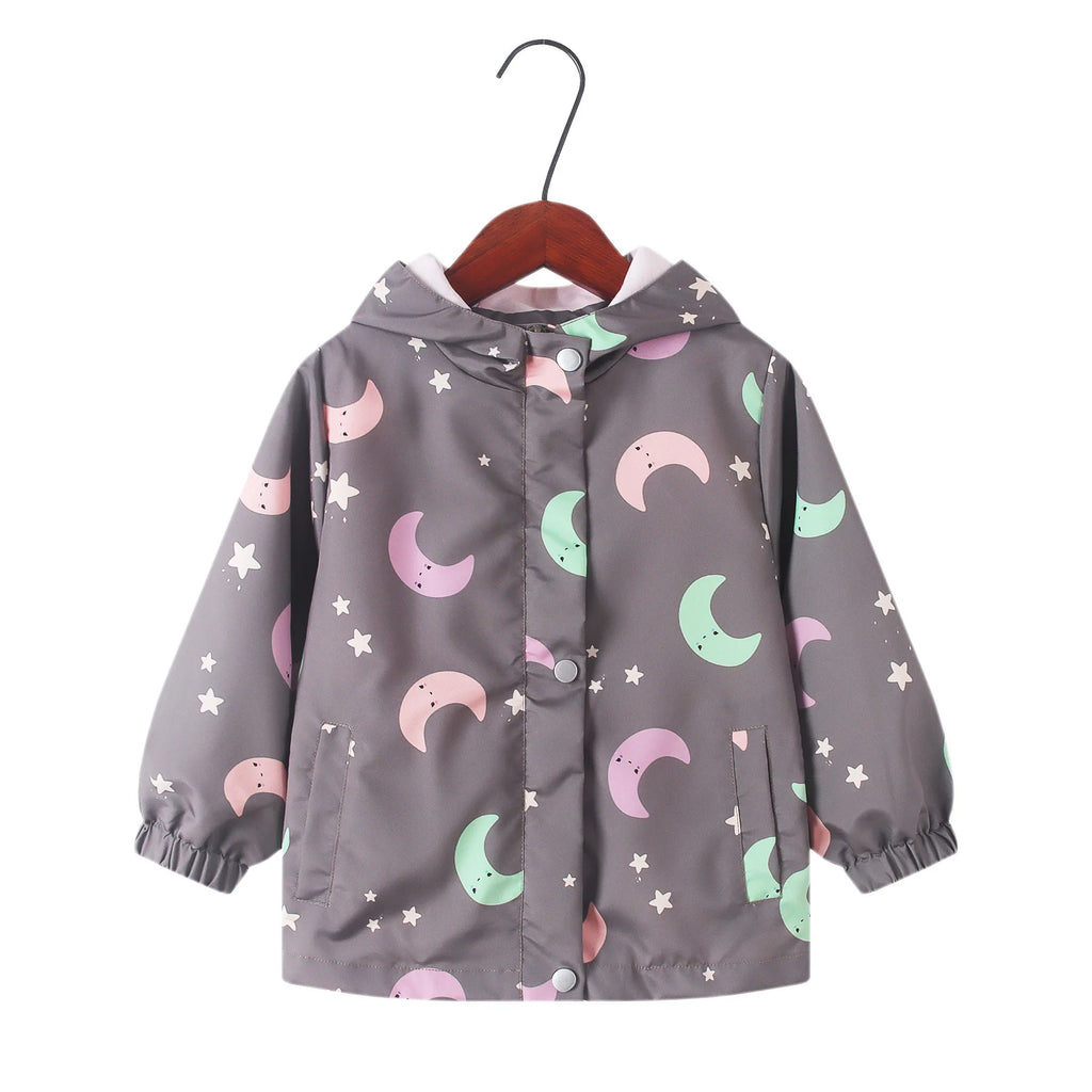 Spring Autumn Girls Cute Cartoon Unicorn Print Windbreaker Outerwear Kids Hooded Zipper Waterproof Jacket Children's Casual Coat